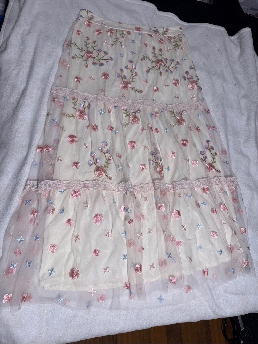 Altar'd State Cream Tiered Maxi Skirt with Pink & Blue Floral Embroidery